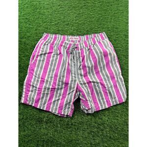 Mr. Swim Mens L Pink Gray White Striped Swim Trunks Shorts Mesh Lined Drawstring